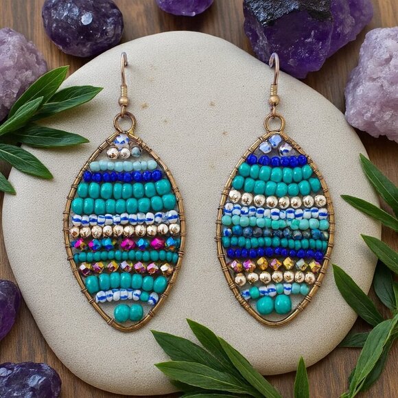 Indian Boho Chic Artisan Coastal Squash Tail Earrings Colorful Beaded Trendy - Picture 1 of 12